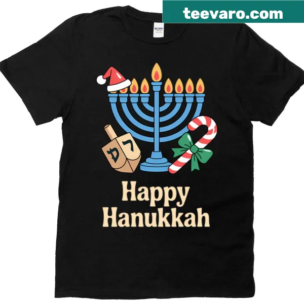 Illustration of a menorah with a Christmas hat, blending holiday themes