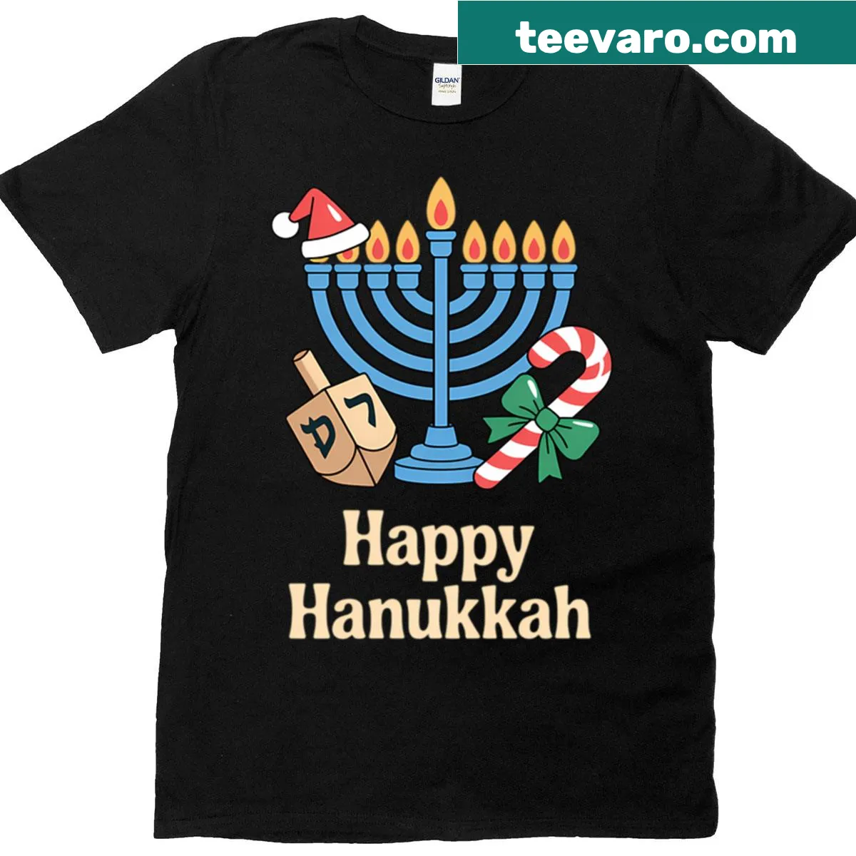 Illustration of a menorah with a Christmas hat, blending holiday themes — on a men's t-shirt