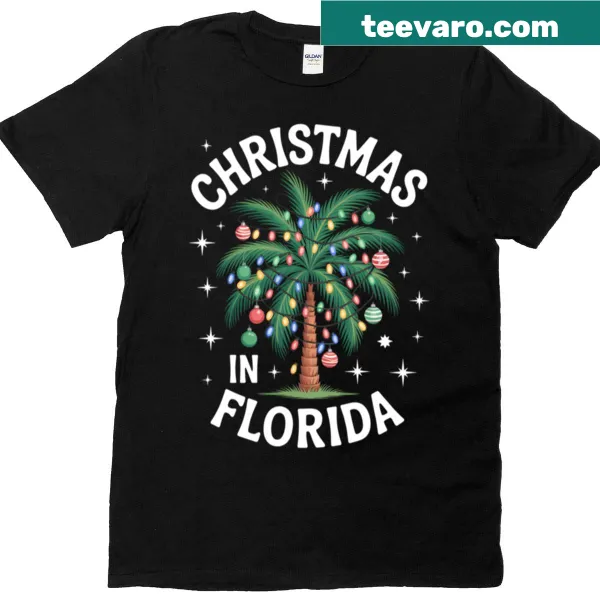 Florida-themed Christmas T-shirt featuring a decorated palm tree