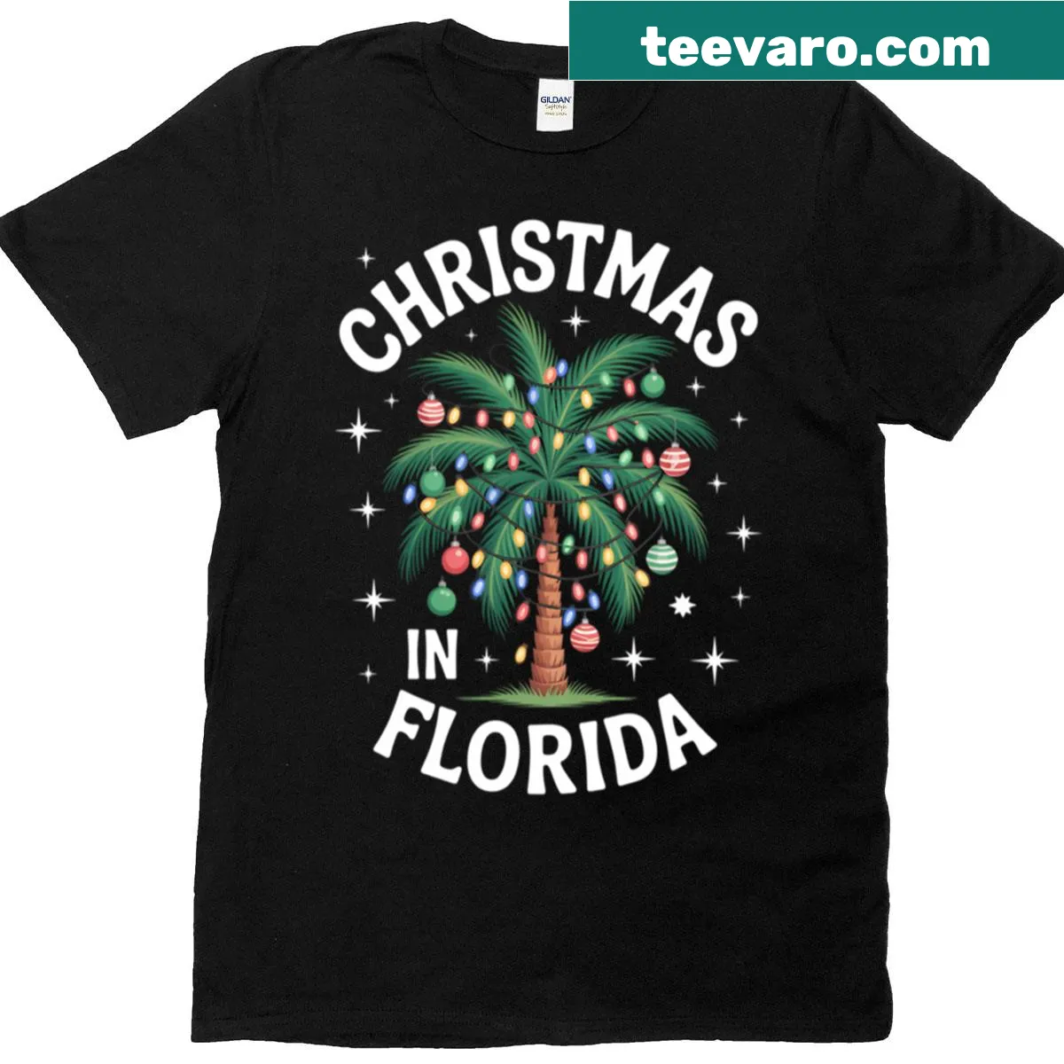Florida-themed Christmas T-shirt featuring a decorated palm tree — on a men's t-shirt