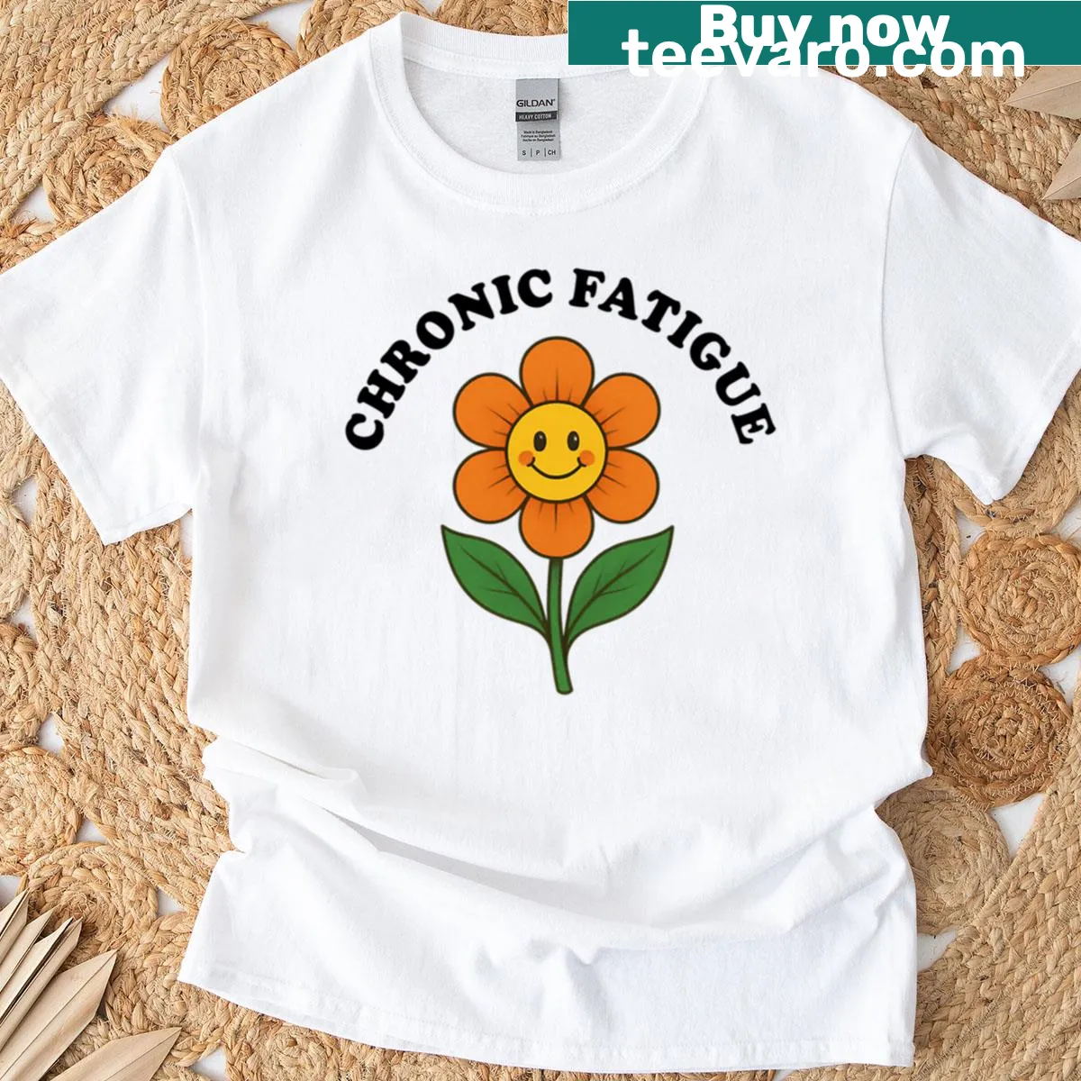 Playful t-shirt featuring a daisy design with a humorous chronic fatigue phrase — on a men's t-shirt