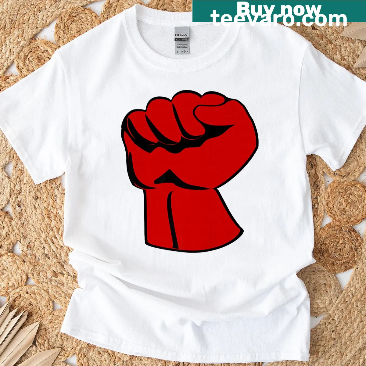 Clenched fist protest T-shirt featuring bold red design — on a men's t-shirt