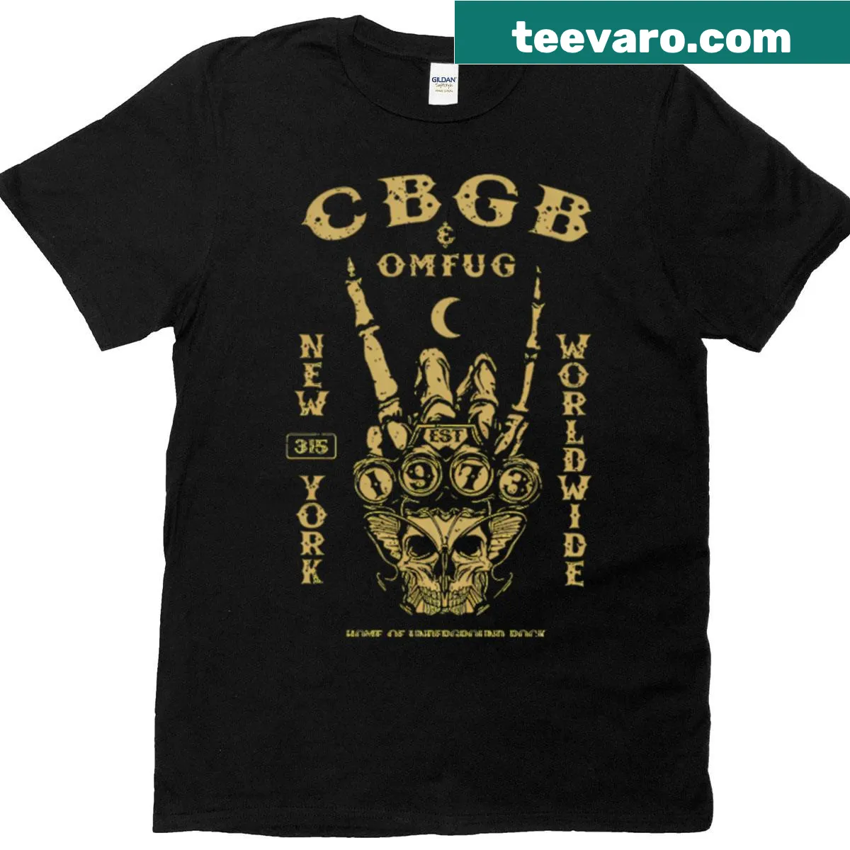Vintage punk music T-shirt featuring Omfug logo — on a men's t-shirt