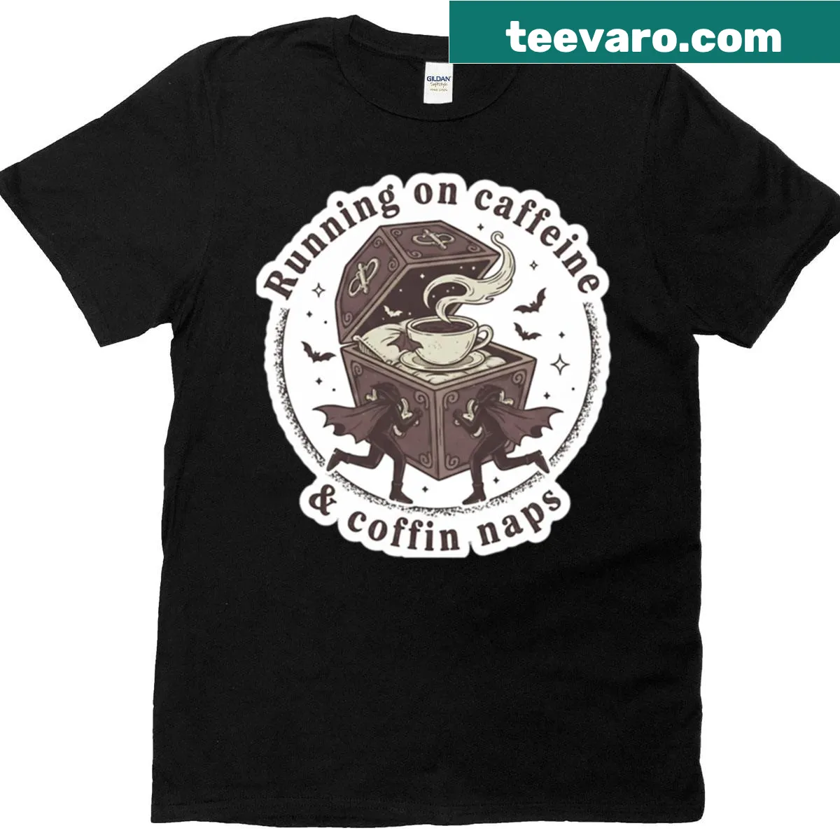 Funny mom t-shirt with Coffin Naps and caffeine humor — on a men's t-shirt