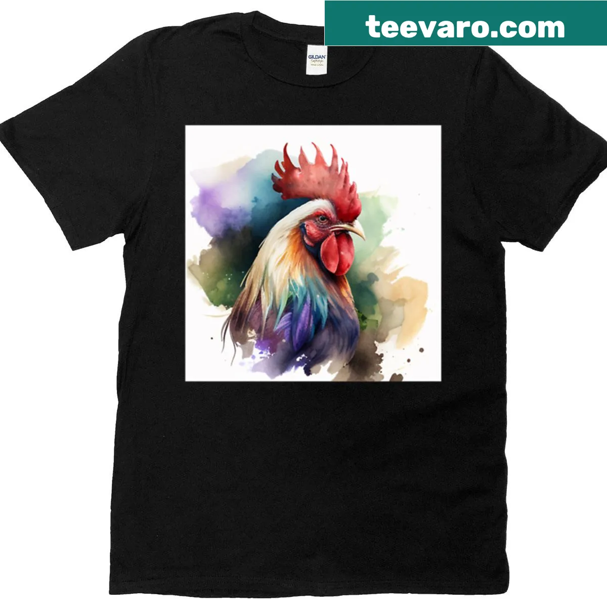 T-shirt featuring a watercolor illustration of a rooster head — on a men's t-shirt