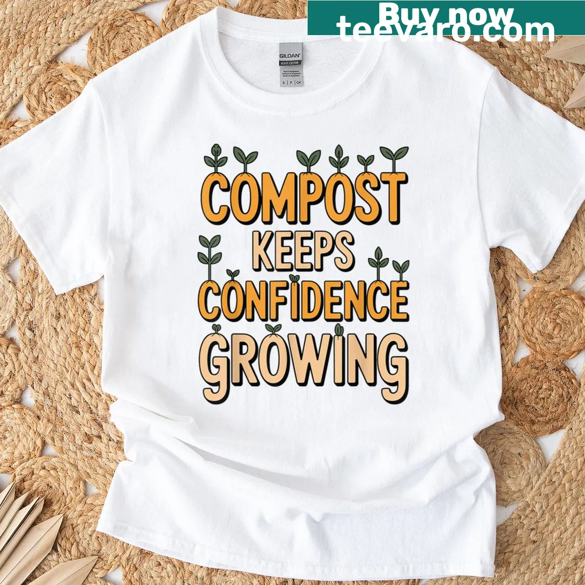 Gardener quote T-shirt featuring 'Compost Keeps Confidence Growing' text — on a men's t-shirt