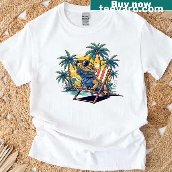 Cartoon bearded dragon wearing sunglasses on a T-shirt