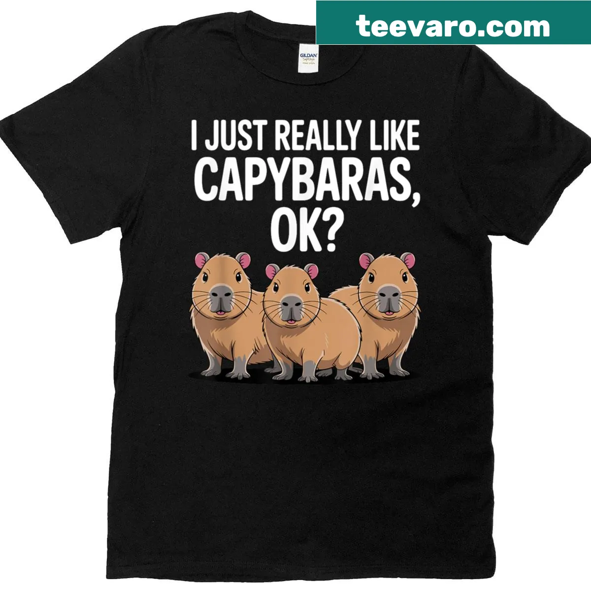 Whimsical capybara art t-shirt with playful illustrations — on a men's t-shirt