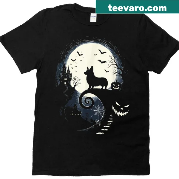 Cartoon corgi with moon Halloween T-shirt for dog lovers