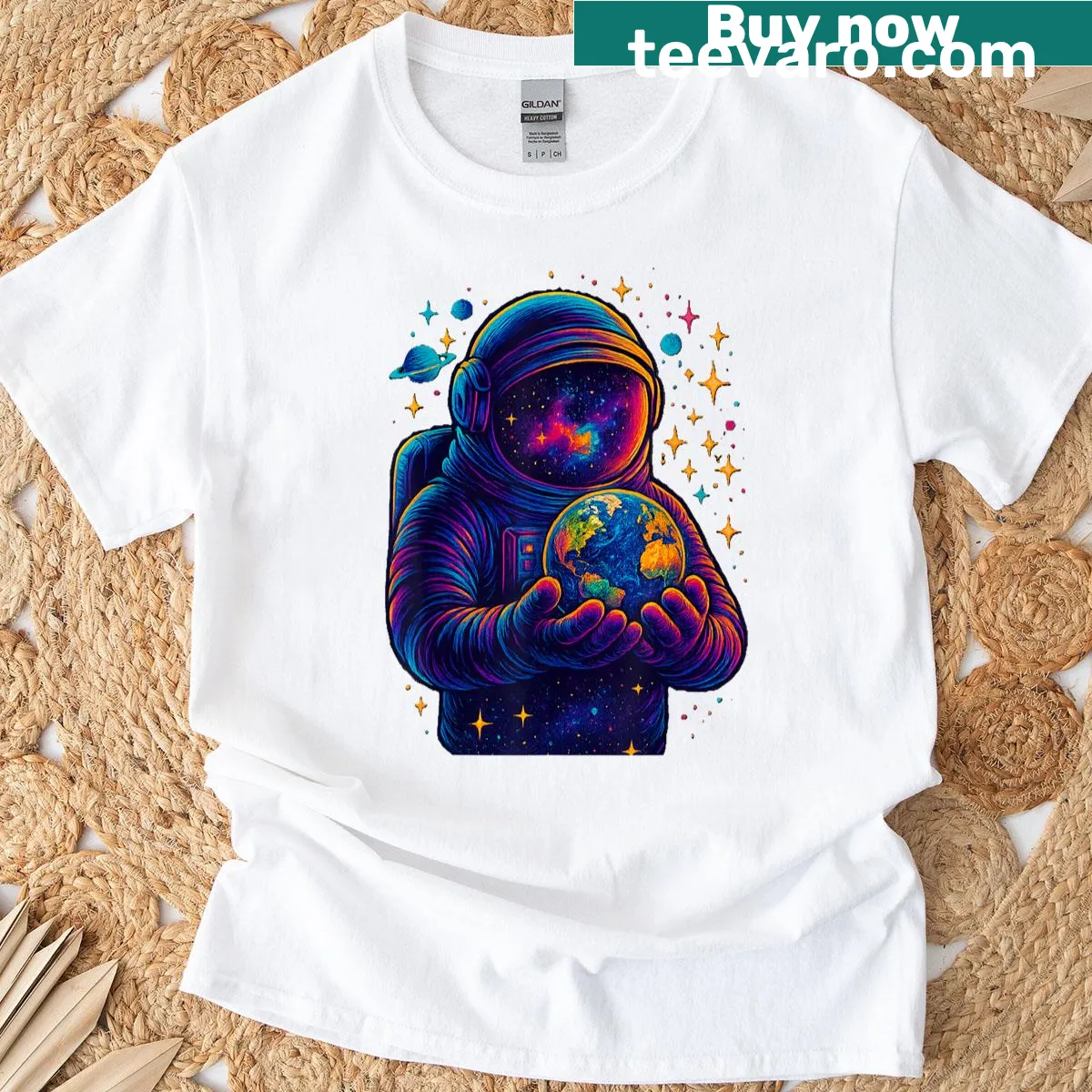 Cartoon astronaut holding Earth in a space-themed kids T-shirt — on a men's t-shirt