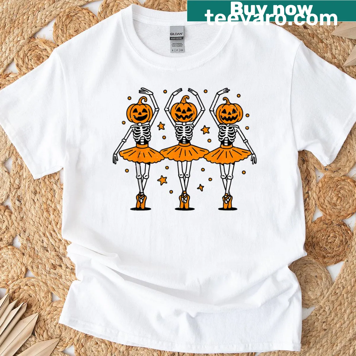 Cute Halloween T-shirt with a ballet skeleton and pumpkin graphic. — on a men's t-shirt