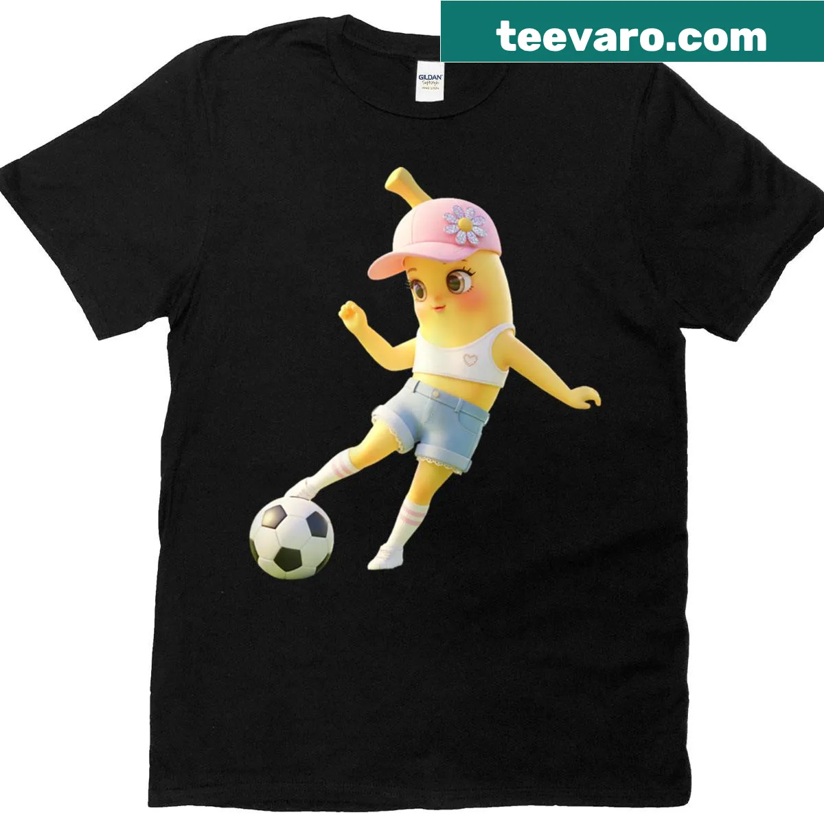 Cartoon banana playing soccer, designed for girls' sports activities — on a men's t-shirt