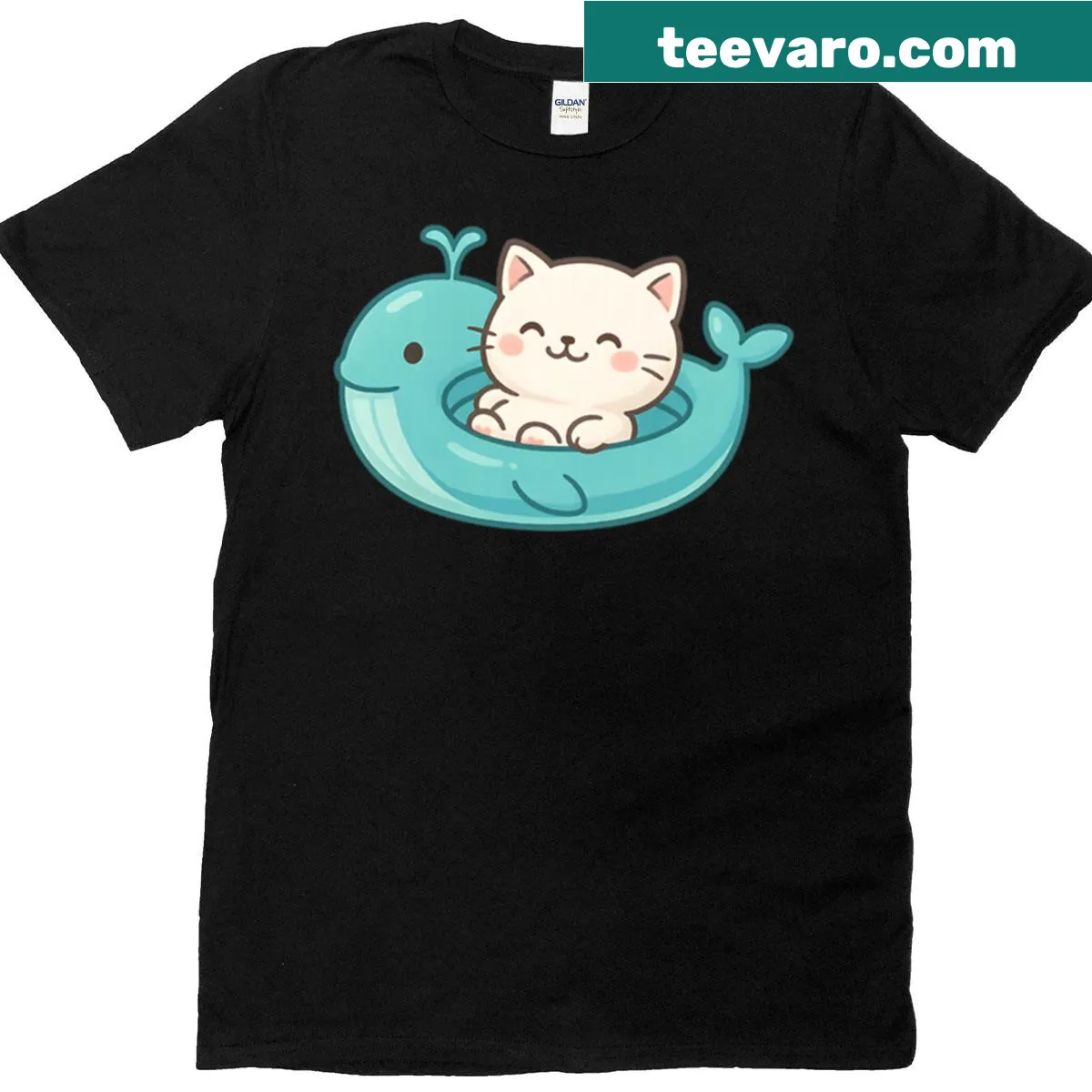 T-shirt featuring a cute beige cat on a blue whale float in an illustration — on a men's t-shirt