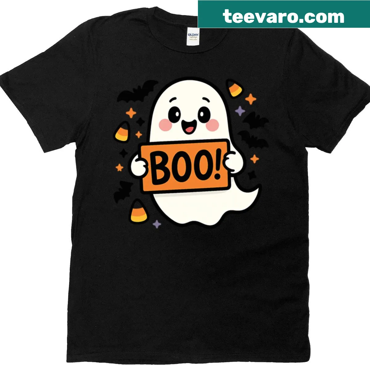 Cartoon ghost t-shirt with 'Boo' sign in a fun design — on a men's t-shirt