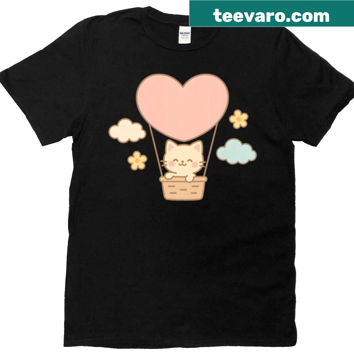 Illustration of a cat in a heart balloon, showcasing cuteness and charm — on a men's t-shirt