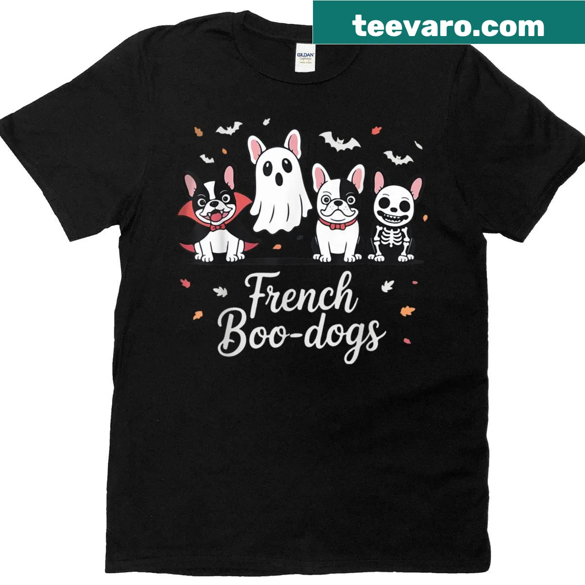 Cute Halloween T-shirt featuring French Bulldogs as ghosts. — on a men's t-shirt
