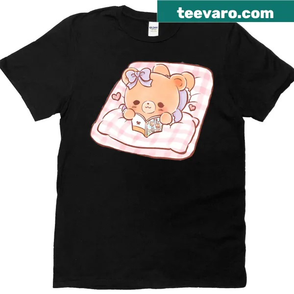 Illustration of a bear reading shojo manga in bed on a t-shirt