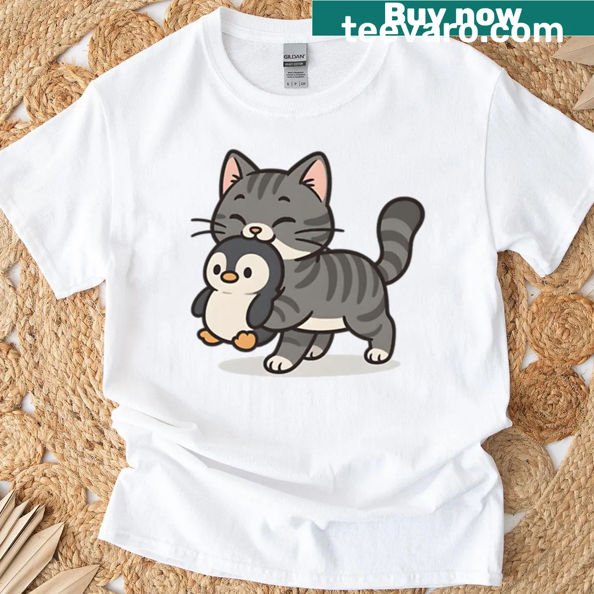 Illustration of a cute gray cat with a penguin toy on a T-shirt — on a men's t-shirt