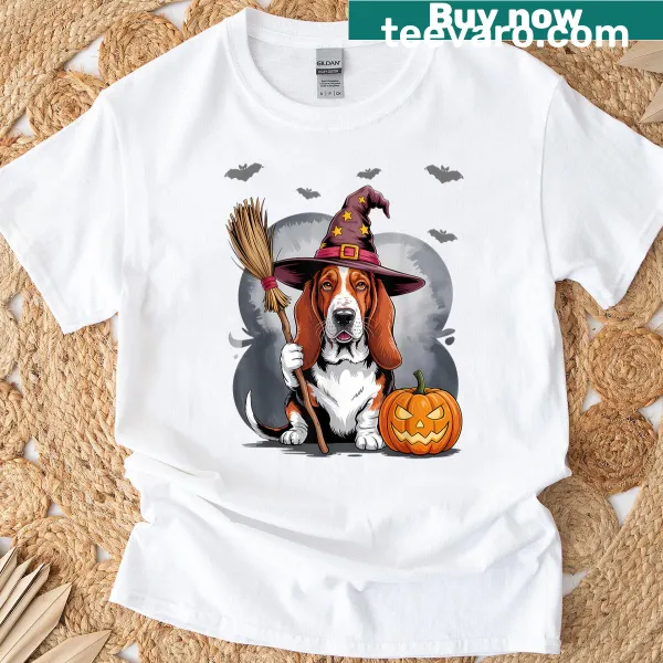 Cute basset hound graphic for Halloween on women's t-shirt