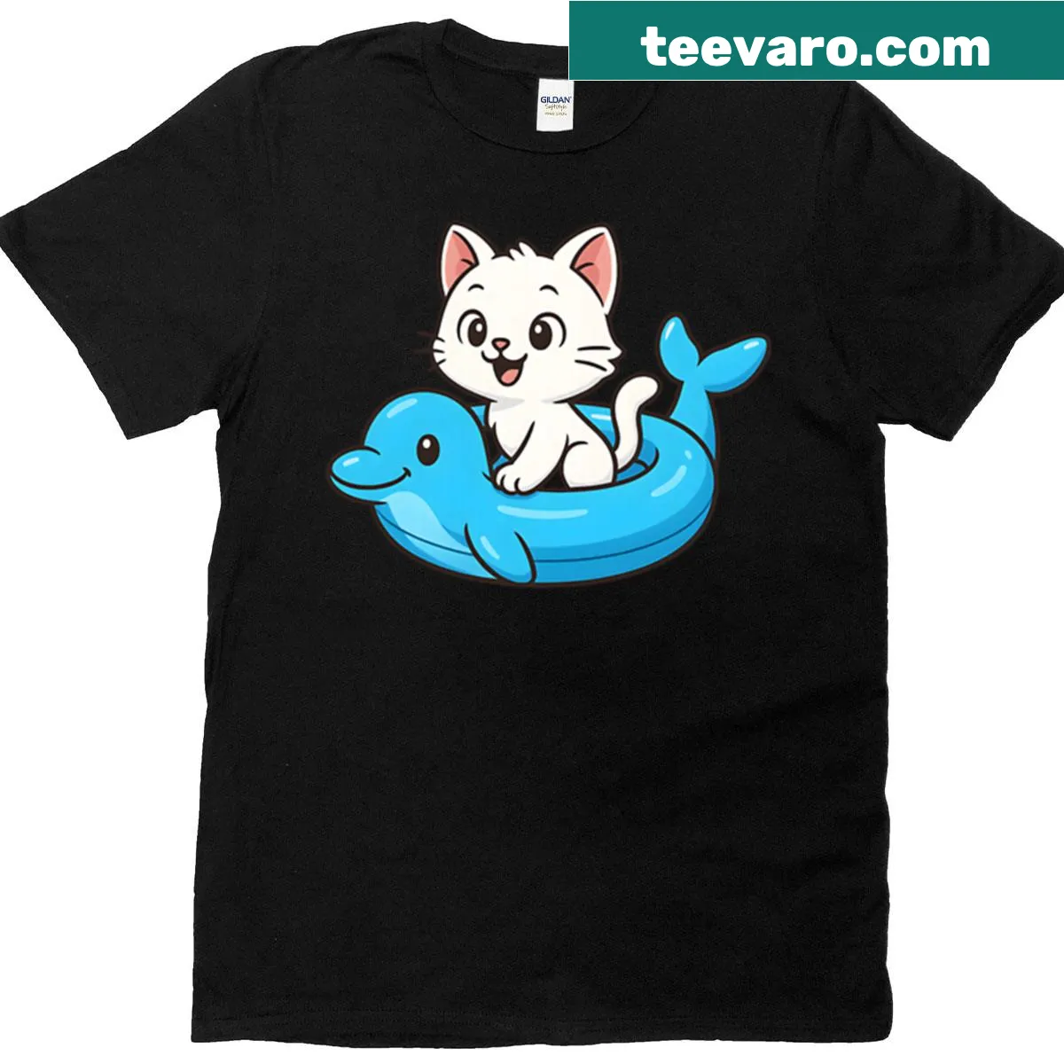 Cute white kitten on dolphin float graphic t-shirt — on a men's t-shirt
