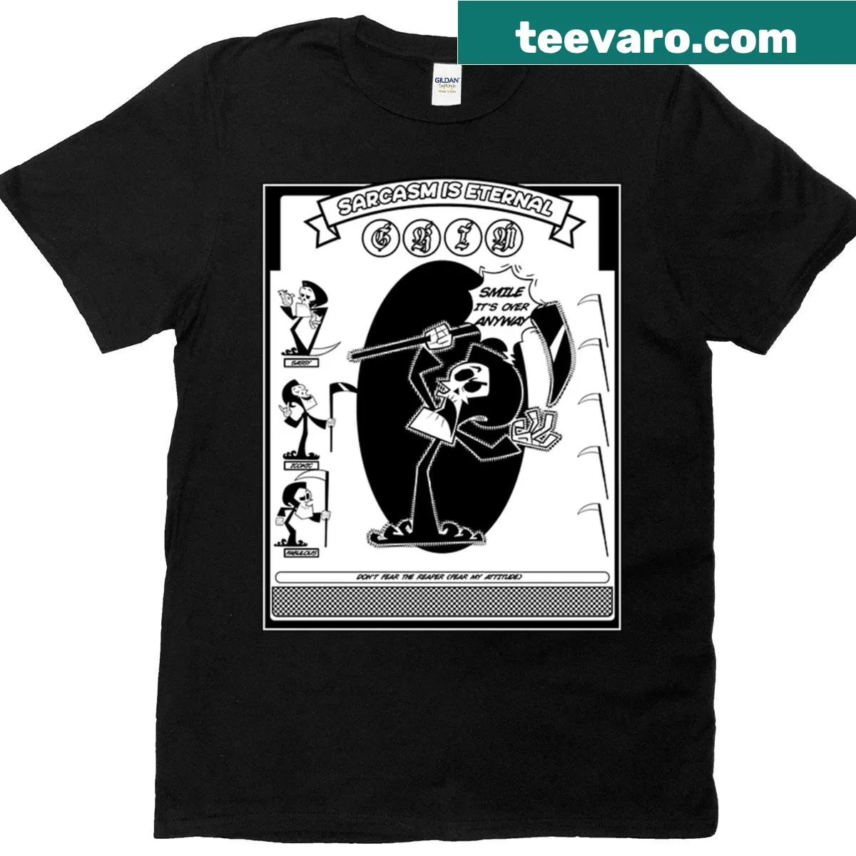 Dark humor Grim Reaper graphic t-shirt — on a men's t-shirt