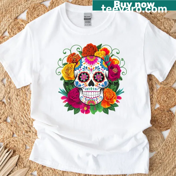 Floral sugar skull design T-shirt for Dia De Los Muertos