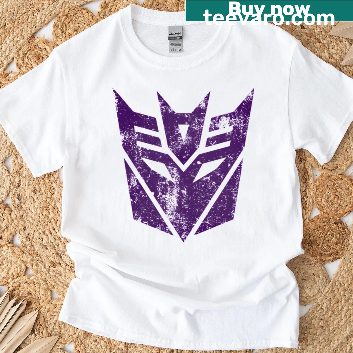 Distressed Decepticons logo graphic T-shirt — on a men's t-shirt