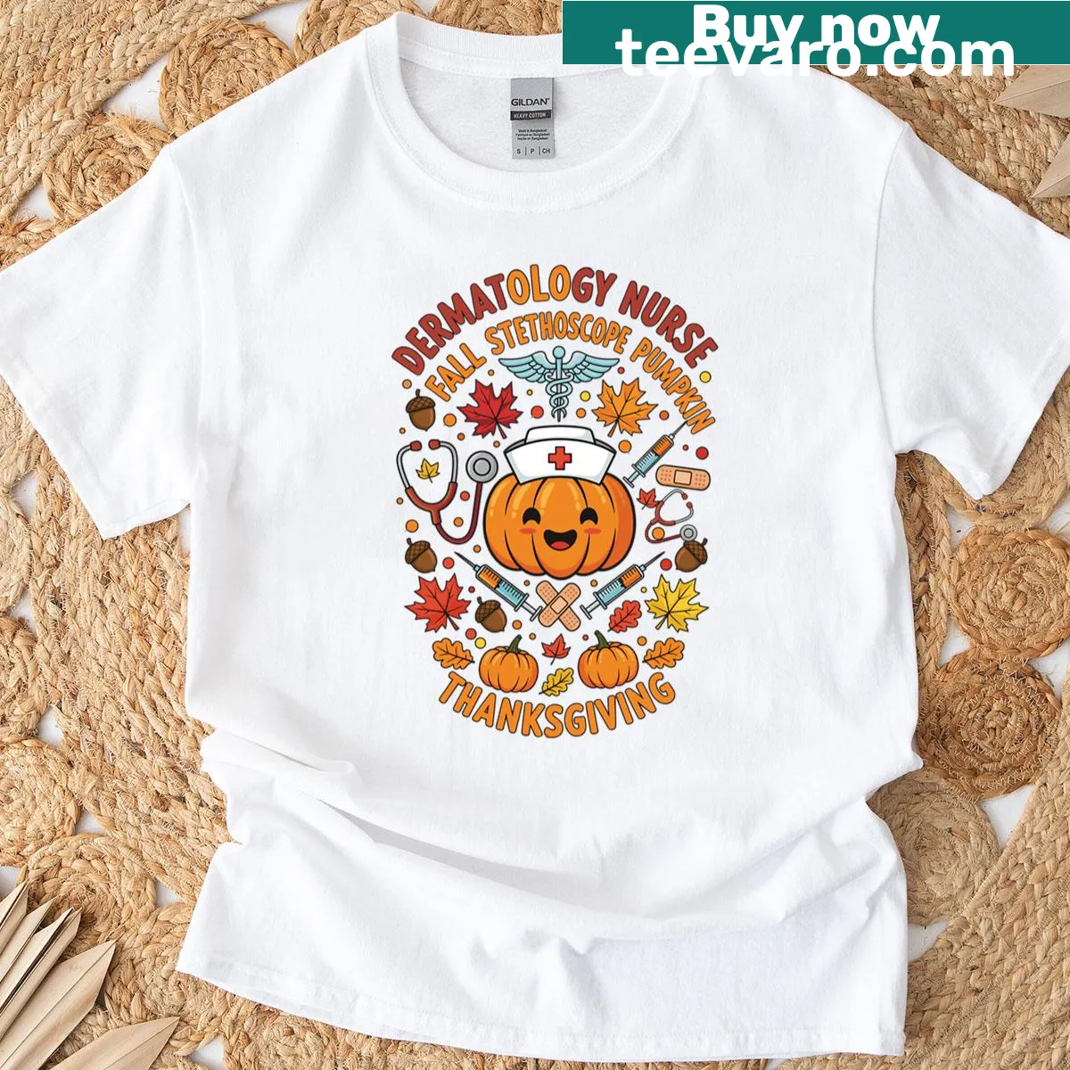 Illustrated pumpkin and medical icons on a humorous nurse t-shirt — on a men's t-shirt