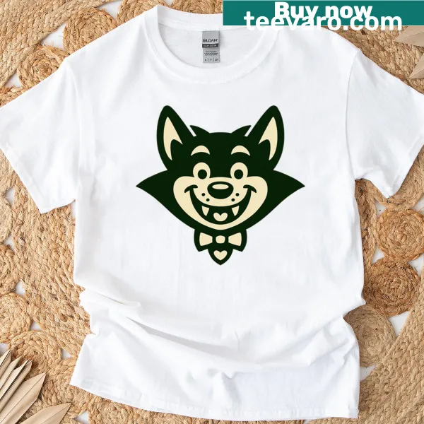 Cartoon vampire dog design on a Halloween t-shirt