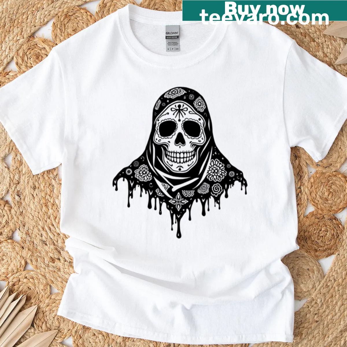 Gothic skull design with dripping elements on a T-shirt — on a men's t-shirt