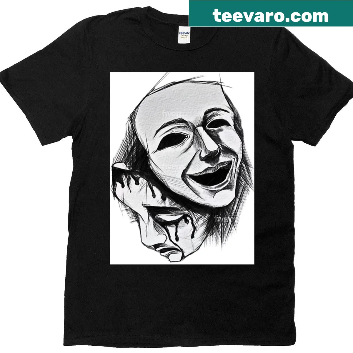 Dual mask tragedy and pain graphic t-shirt — on a men's t-shirt