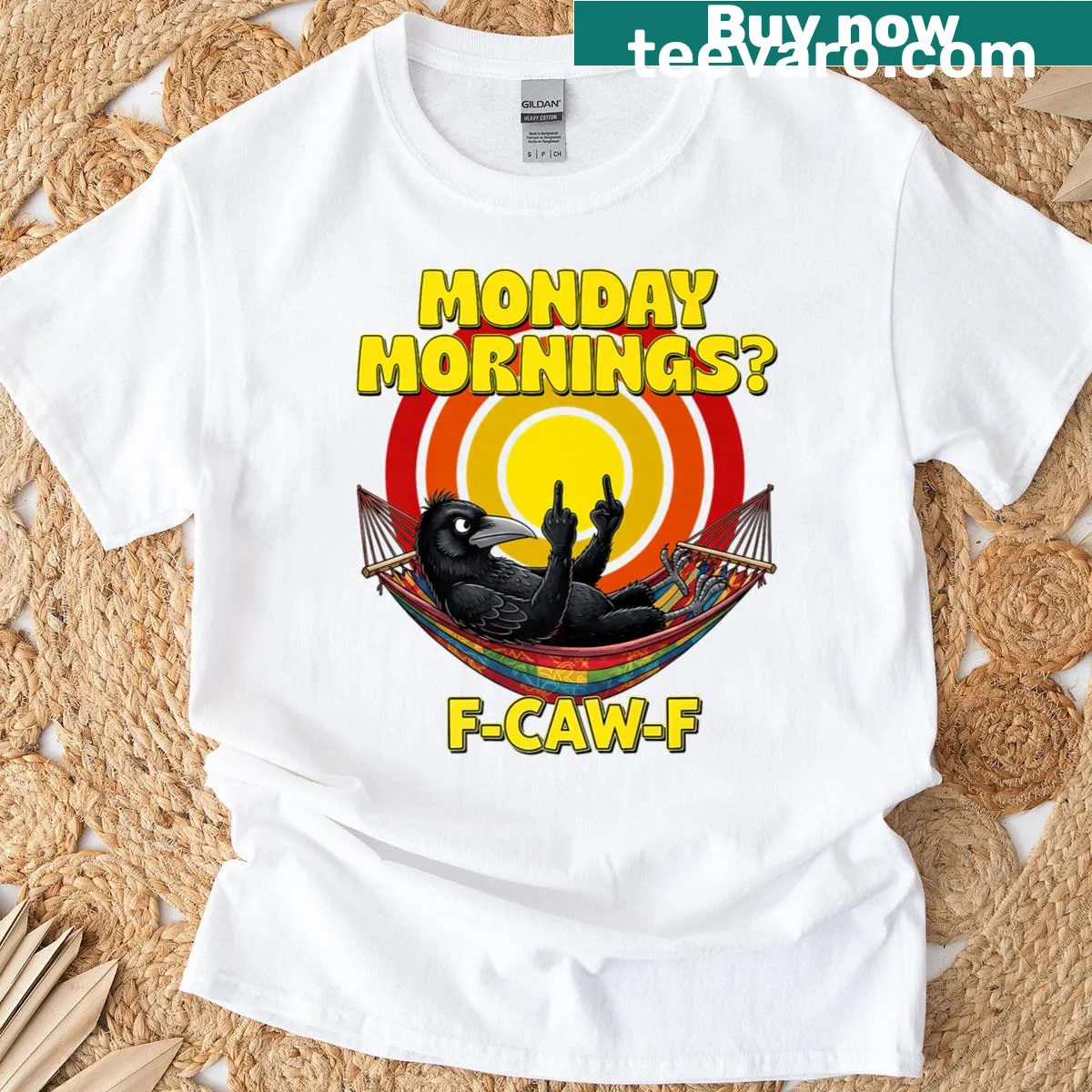 Humorous T-shirt with the phrase 'F-caw-f' and crow meme reference — on a men's t-shirt