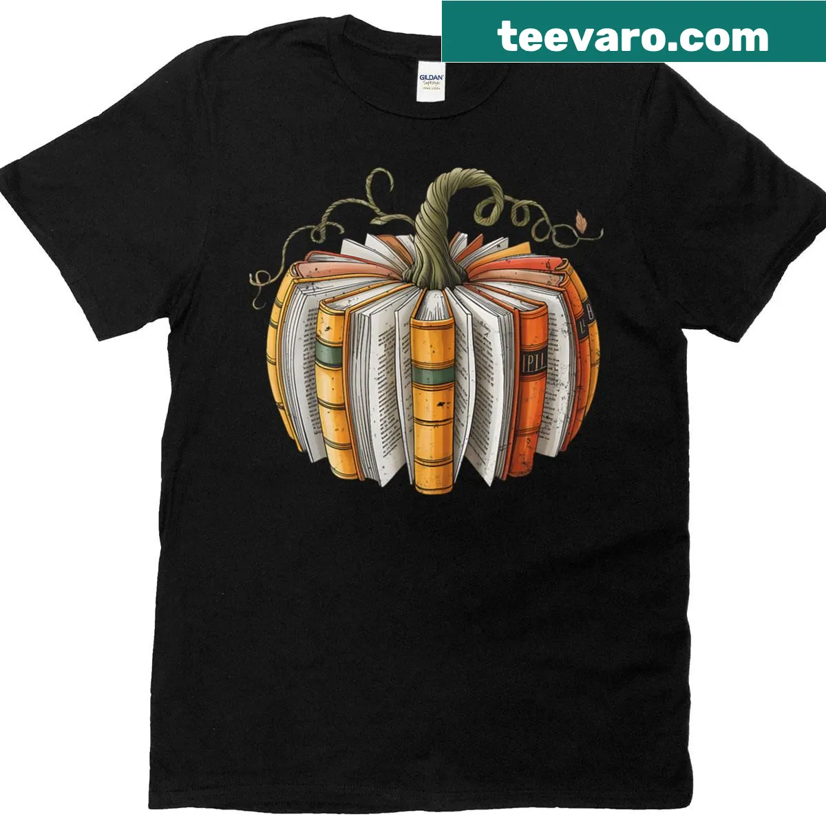 Illustrated graphic of books and pumpkins on Fall Book T-shirt — on a men's t-shirt