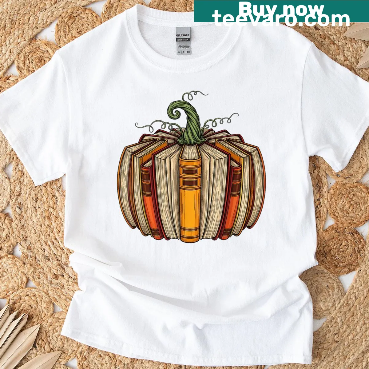 Illustrated pumpkins and books on a fall-themed T-shirt — on a men's t-shirt