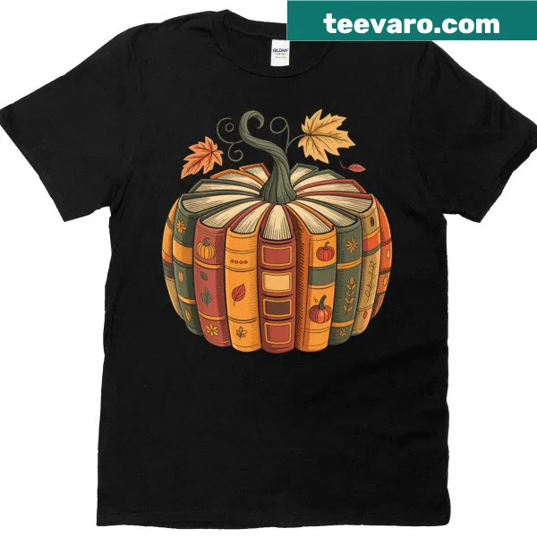 Fall-themed t-shirt with a pumpkin made of books illustration