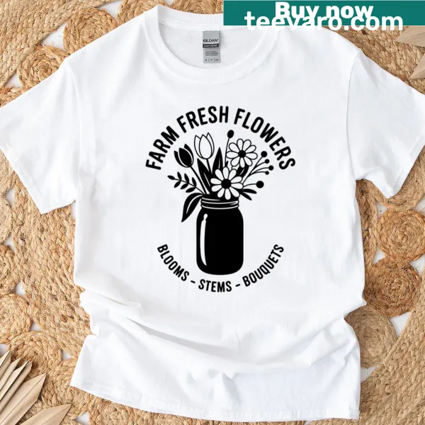 Illustrated farm fresh flowers graphic on a t-shirt