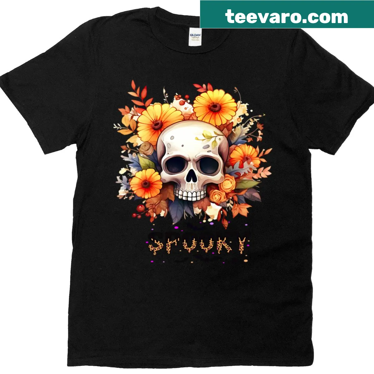 Chic floral skull illustration on Halloween-themed t-shirt — on a men's t-shirt