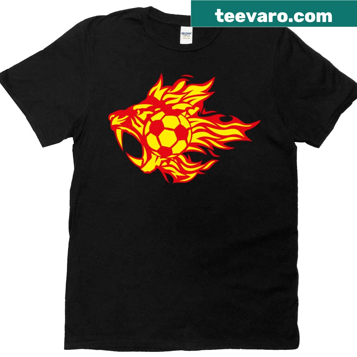 Flame-engulfed tiger logo sports T-shirt — on a men's t-shirt