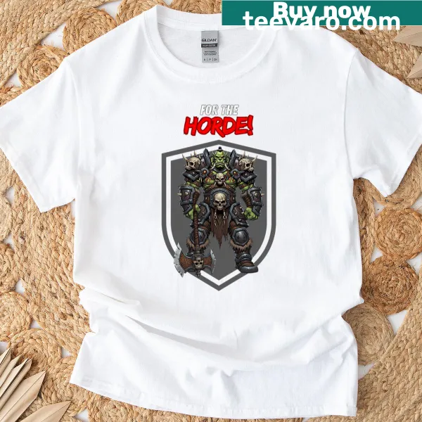 Bold 'For The Horde' graphic T-shirt for gaming enthusiasts