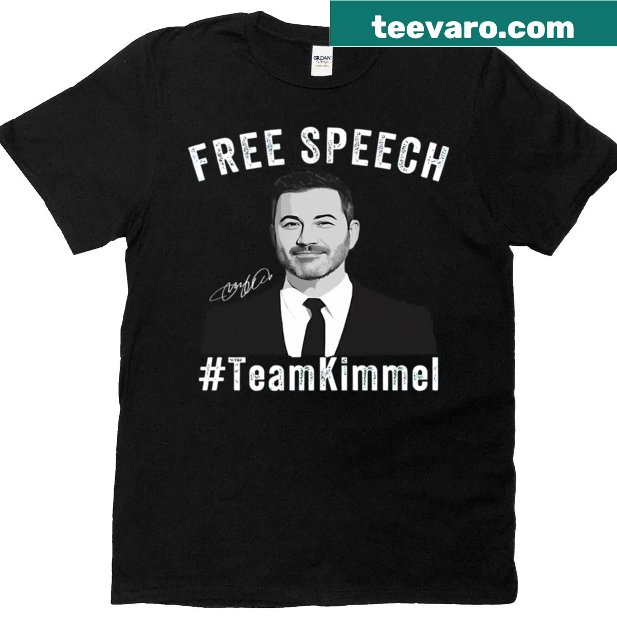 T-shirt featuring 'Free Speech' and Jimmy Kimmel for advocates — on a men's t-shirt