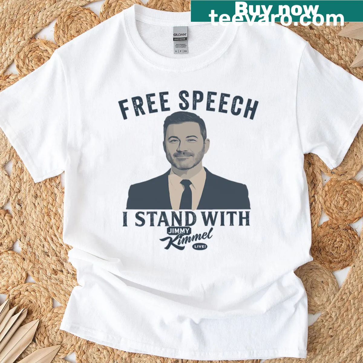 Text T-shirt displaying 'I Stand With Jimmy Kimmel' — on a men's t-shirt
