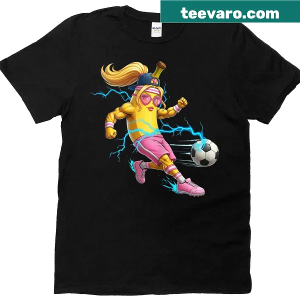 Cartoon banana playing soccer on a T-shirt for girls and women