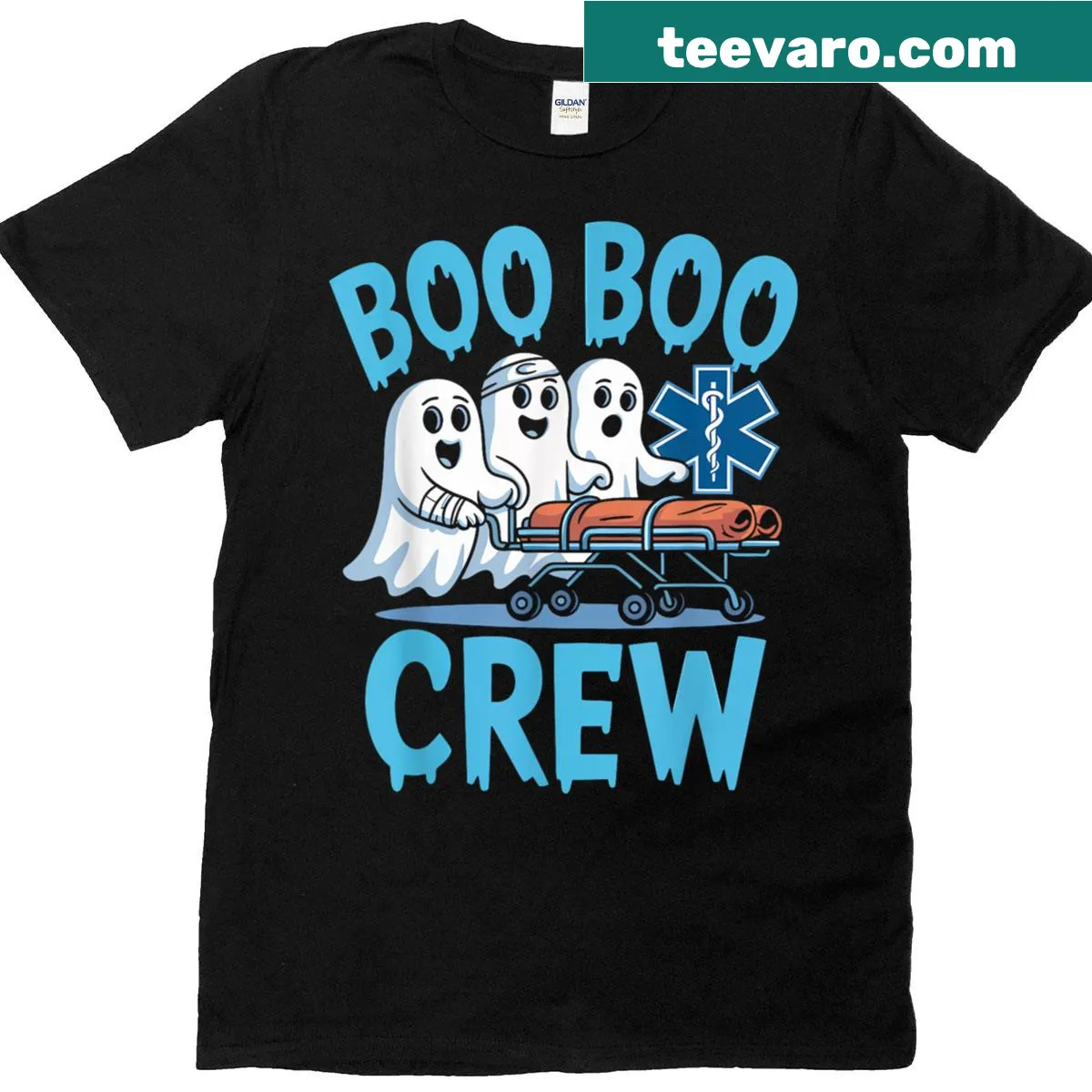 Funny 'Boo Boo Crew' t-shirt for EMTs and nurses celebrating Halloween — on a men's t-shirt