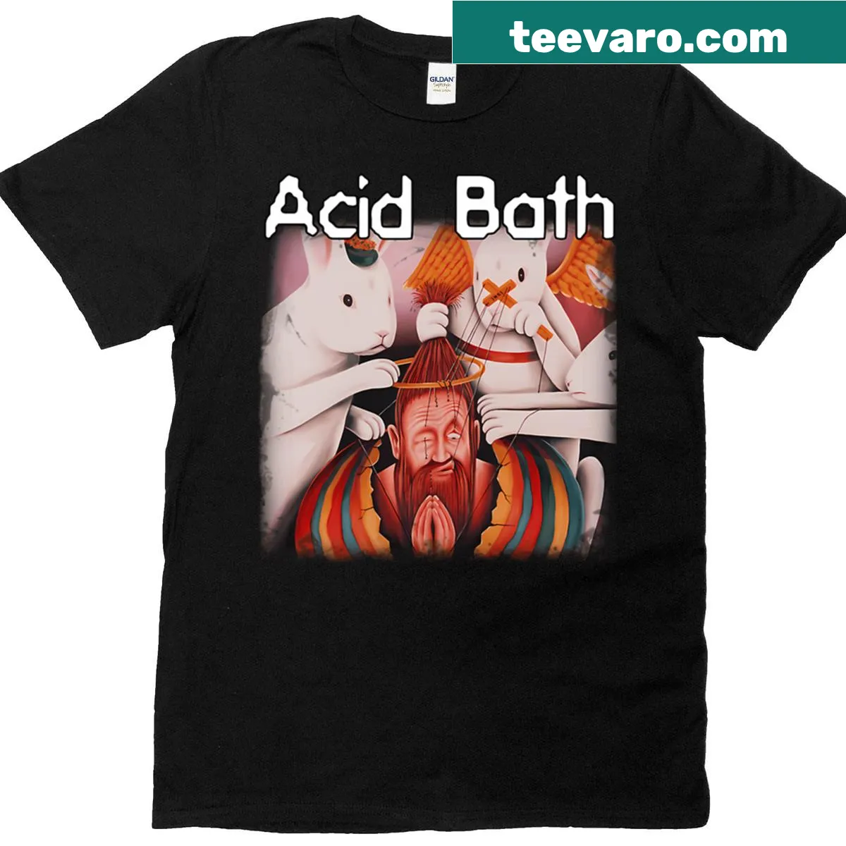Vintage concert logo graphic t-shirt with a humorous twist — on a men's t-shirt