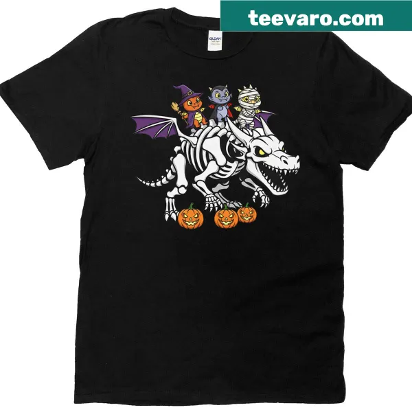 Playful Halloween design featuring a dragon skeleton, mummy, and witch.