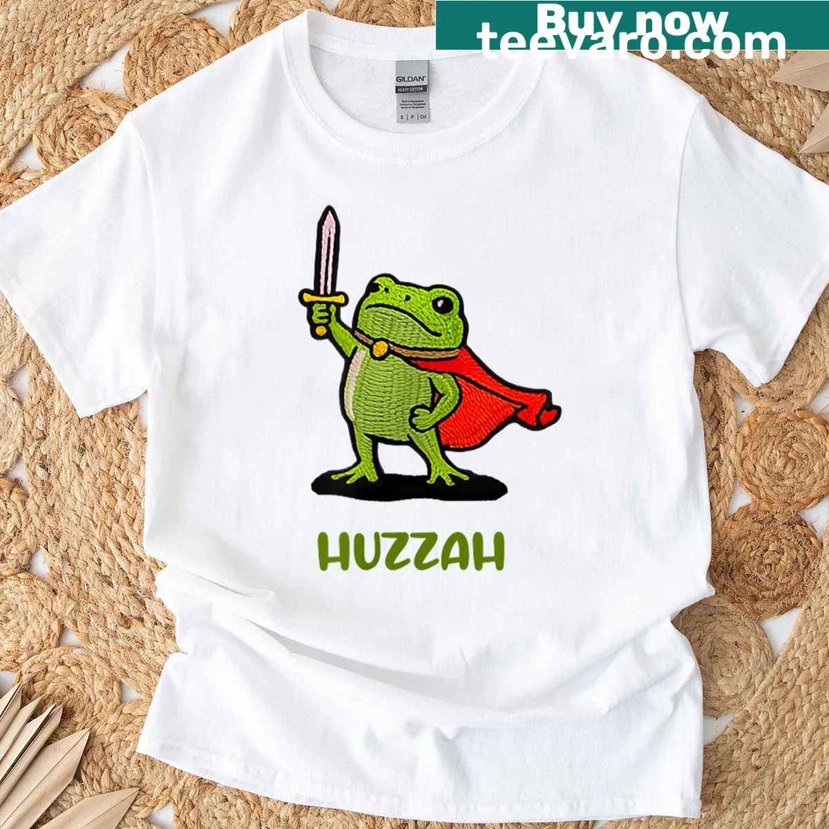 Cute T-shirt with a frog knight character and 'Huzzah' quote — on a men's t-shirt