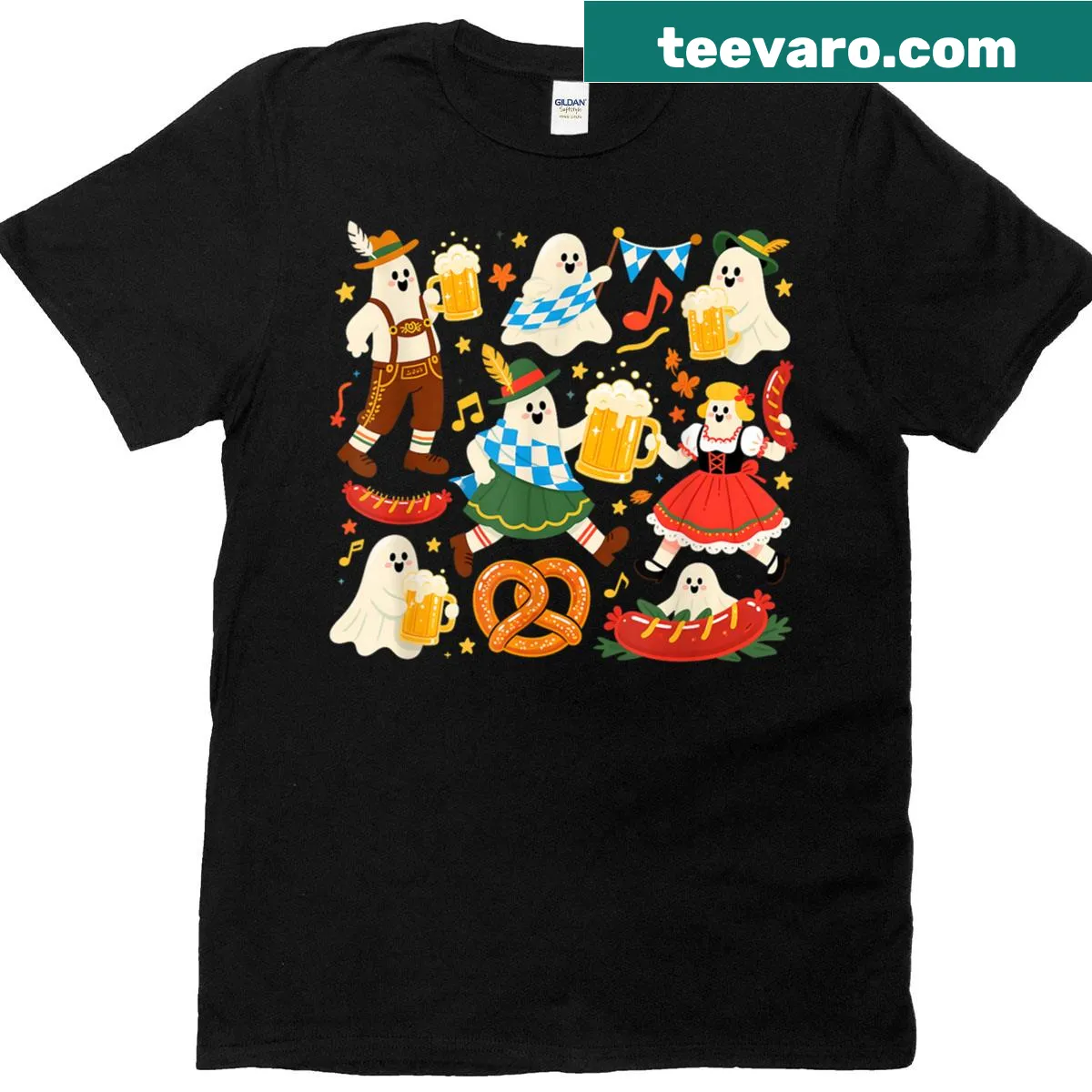 Humorous Oktoberfest T-shirt featuring ghosts with beer and pretzels — on a men's t-shirt