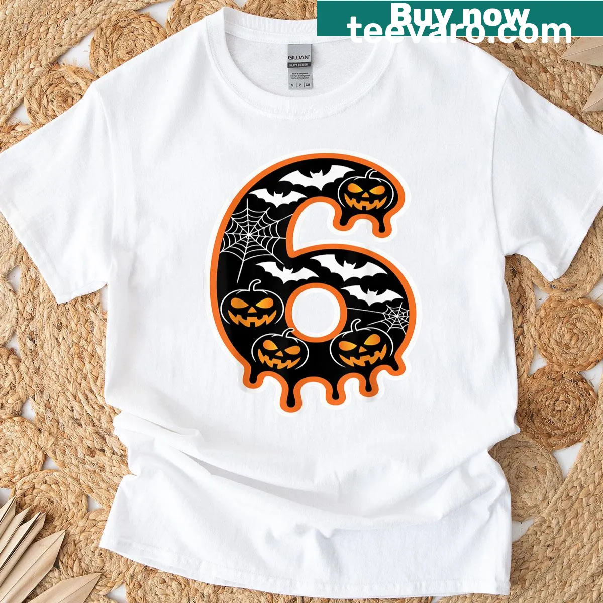 Matching couple T-shirts with a funny Number Six Halloween design — on a men's t-shirt