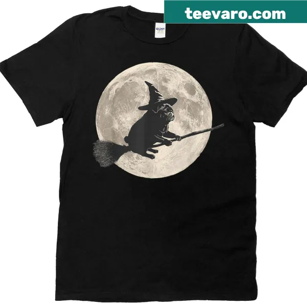 Cartoon Halloween design featuring a witch pug and moon