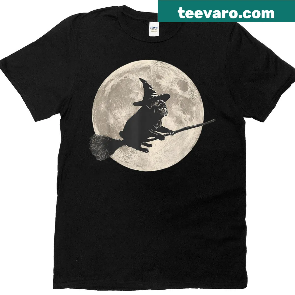 Cartoon Halloween design featuring a witch pug and moon — on a men's t-shirt